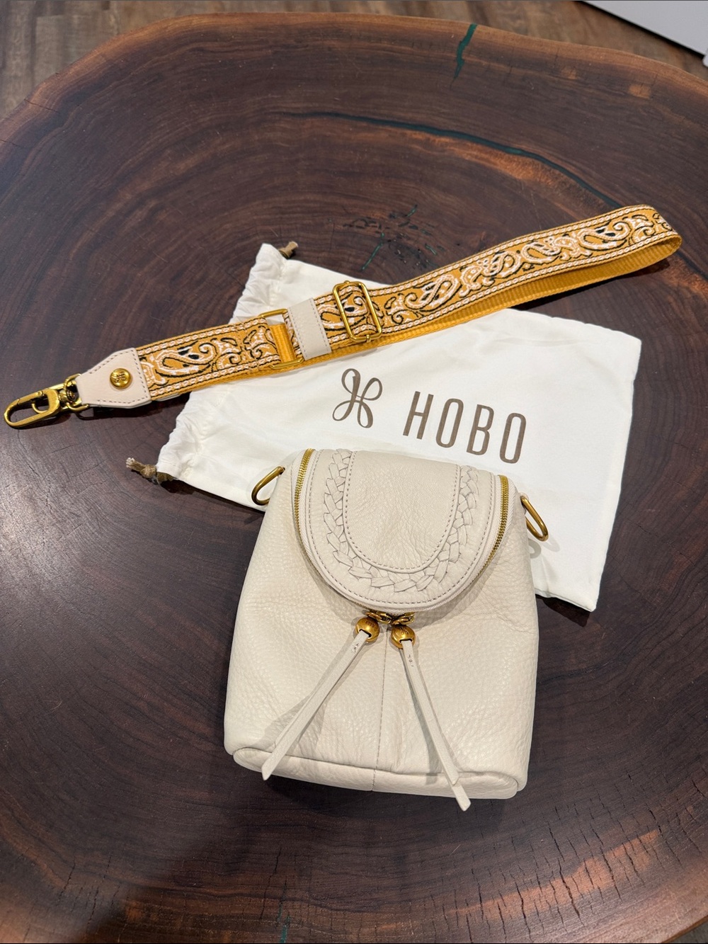 HOBO Ivory Pebbled Leather Mini Backpack with Embroidered Yellow Strap- NEW